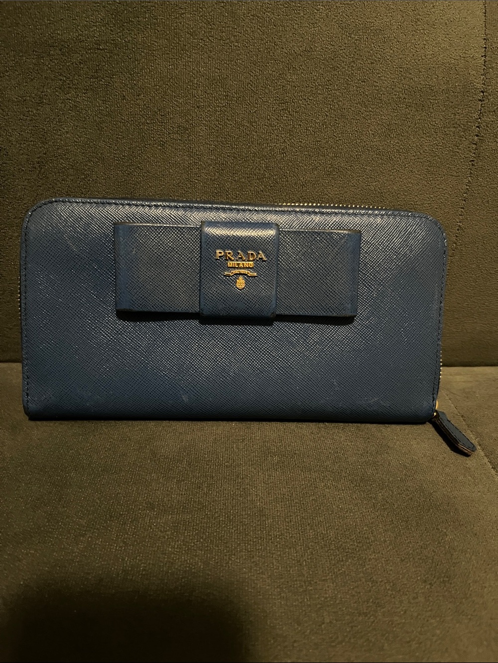 Prada Royal Blue Saffiano Leather Zip-Around Wallet with Bow Accent